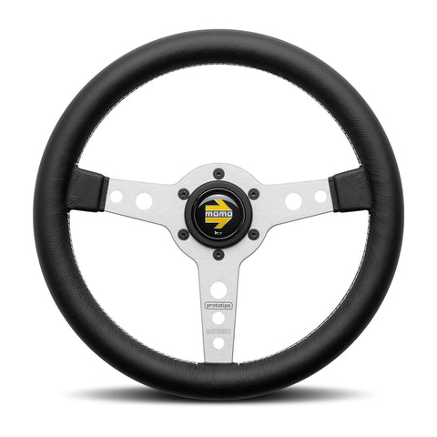MOMO Prototipo Steering Wheel - 320mm - Black Leather / White Stitch / Brushed Aluminum Spokes