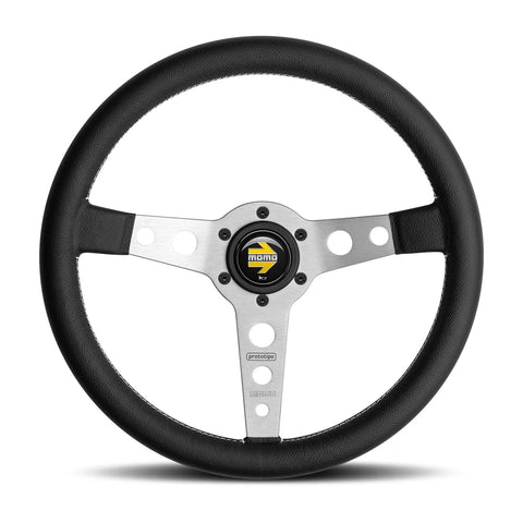 MOMO Prototipo Steering Wheel - 350mm - Black Leather / White Stitch / Brushed Spokes