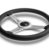 MOMO Retro Steering Wheel - 360mm - Black Leather / White Stitch / Brushed Spokes